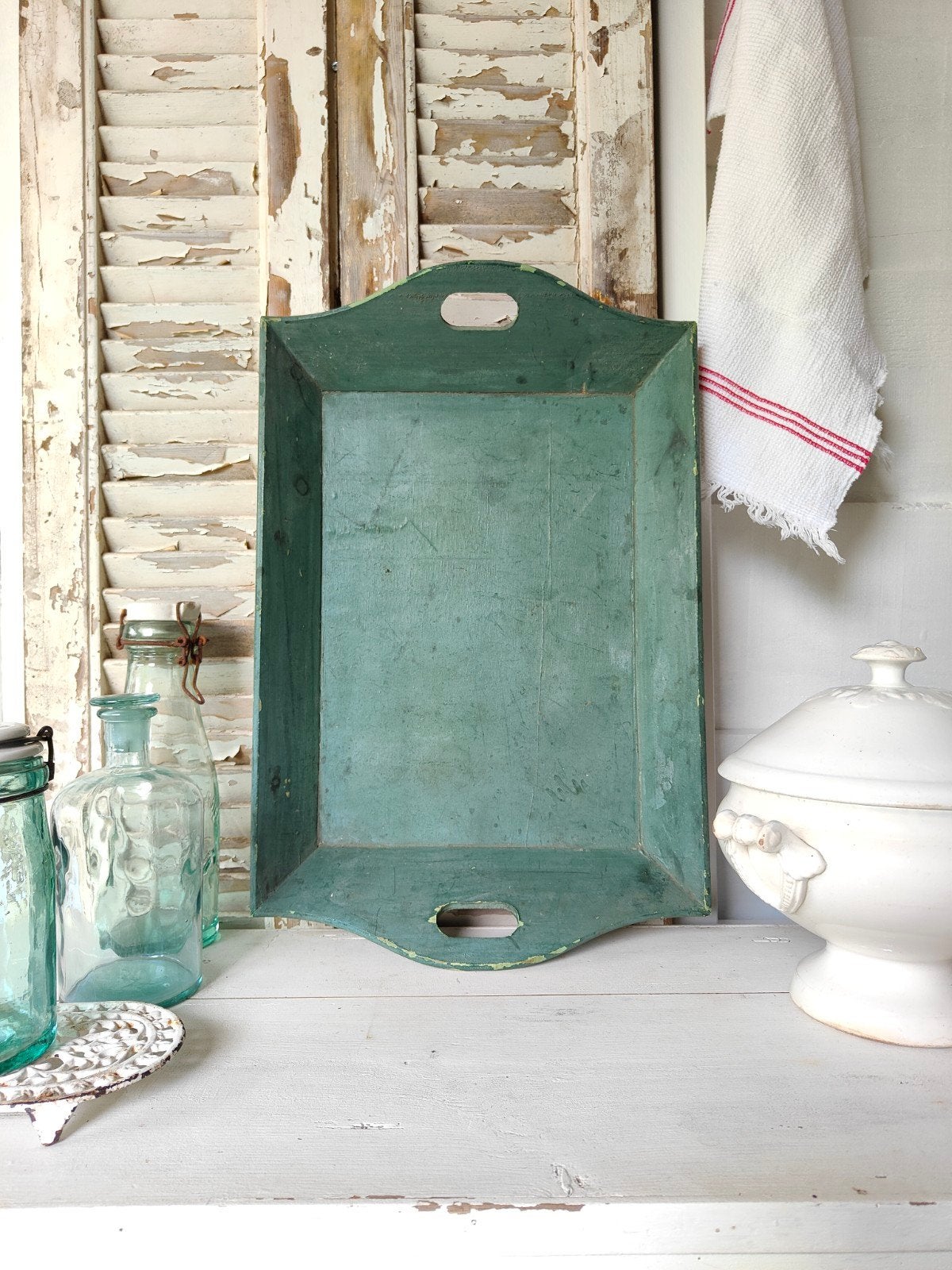 Brocante groen dienblad - mangelbak, Ophalen of Verzenden, Gebruikt
