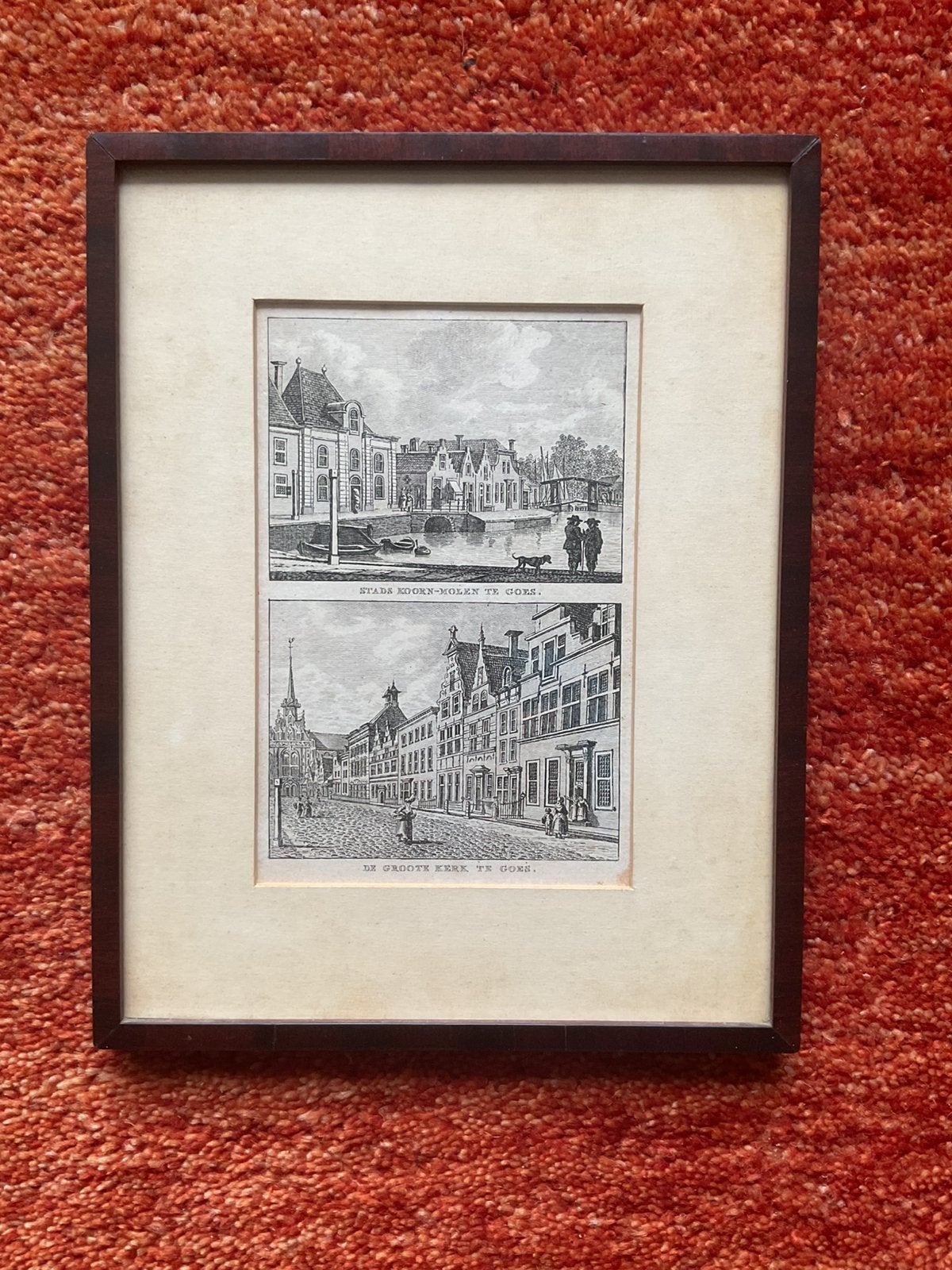 Ingelijste antieke dubbele kopergravure van de stad Goes, Antiek en Kunst, Kunst | Etsen en Gravures, 26 cm, Stadsgezicht, Ophalen of Verzenden