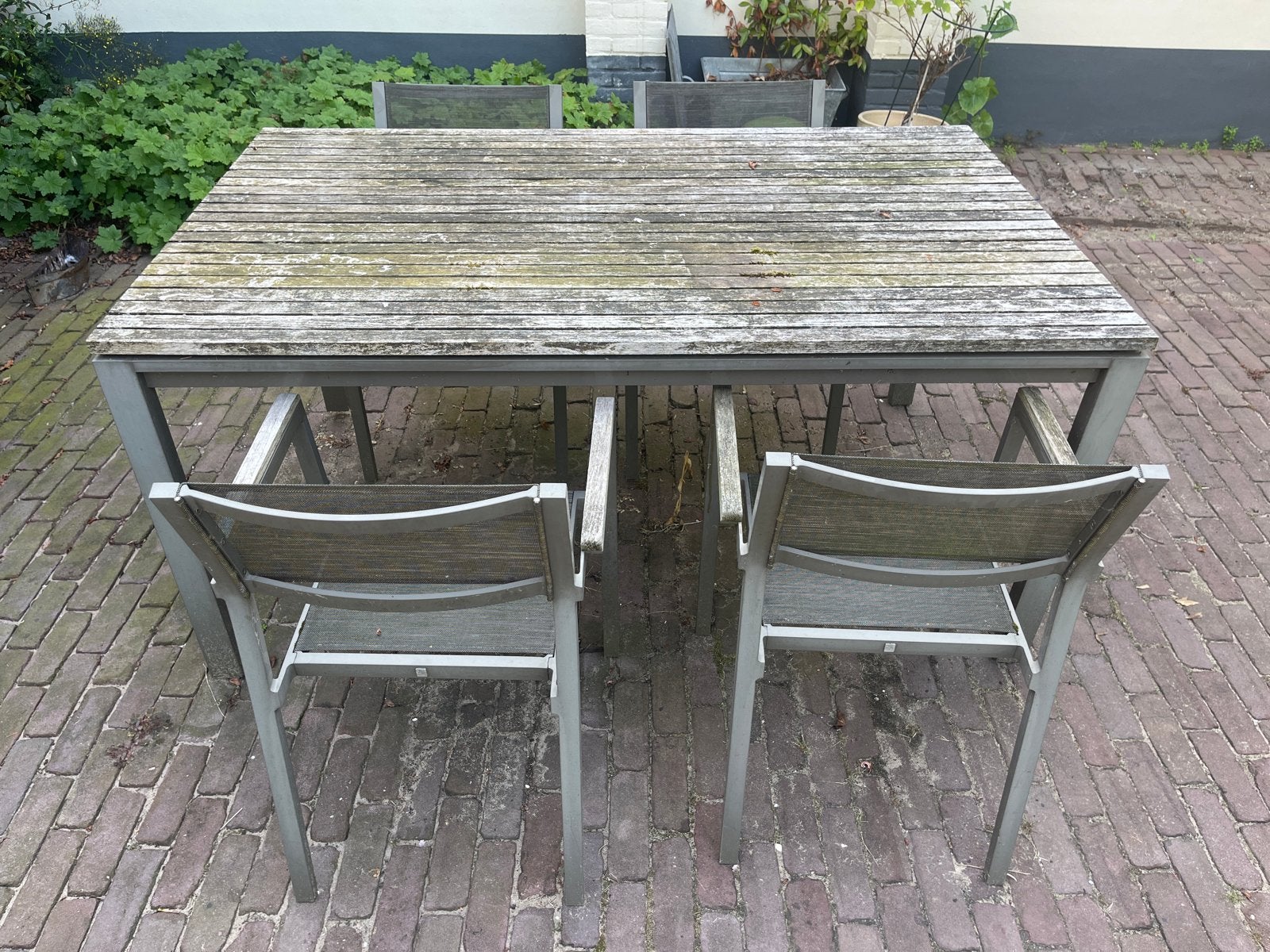 Val-eur tuinset: tafel (100x165cm) met 4 stoelen, Tuin en Terras, Ophalen, Gebruikt, Rechthoekig, Hout