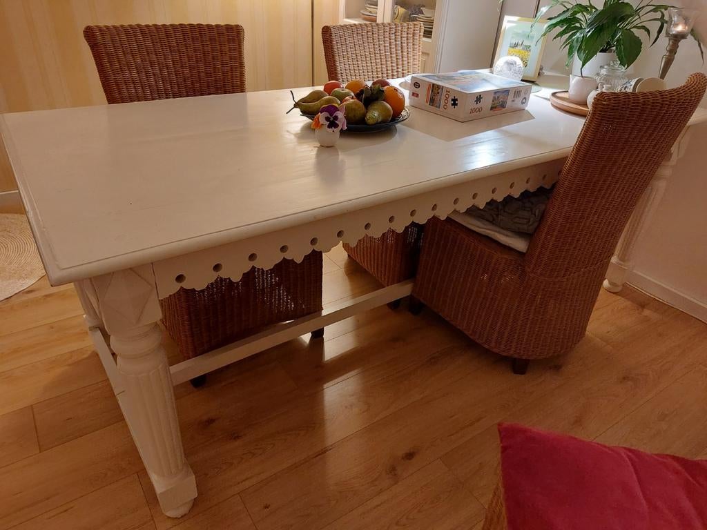 Brocante landelijke teak eettafel, Gebruikt, 200 cm of meer, Vijf personen of meer, Rechthoekig