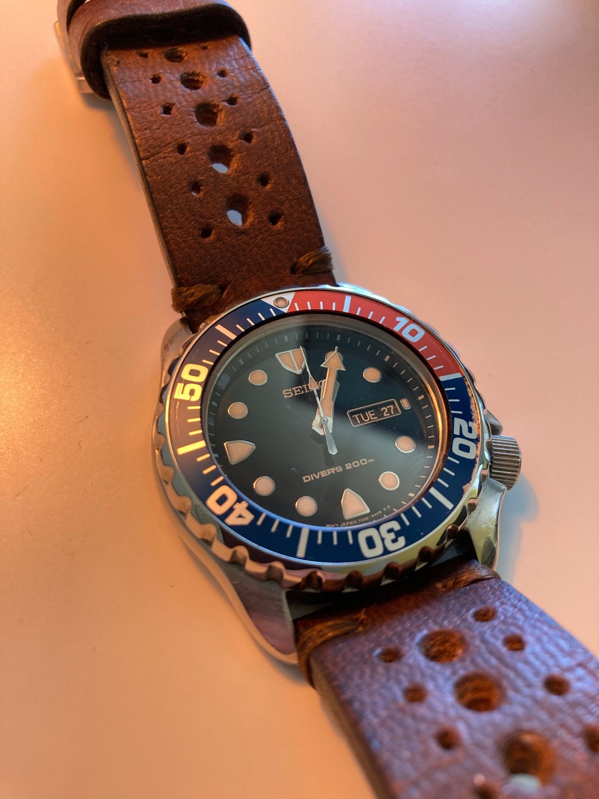 Seiko Divers 200m horloge met custom made leren bandje, Seiko, Staal, Polshorloge, Ophalen of Verzenden