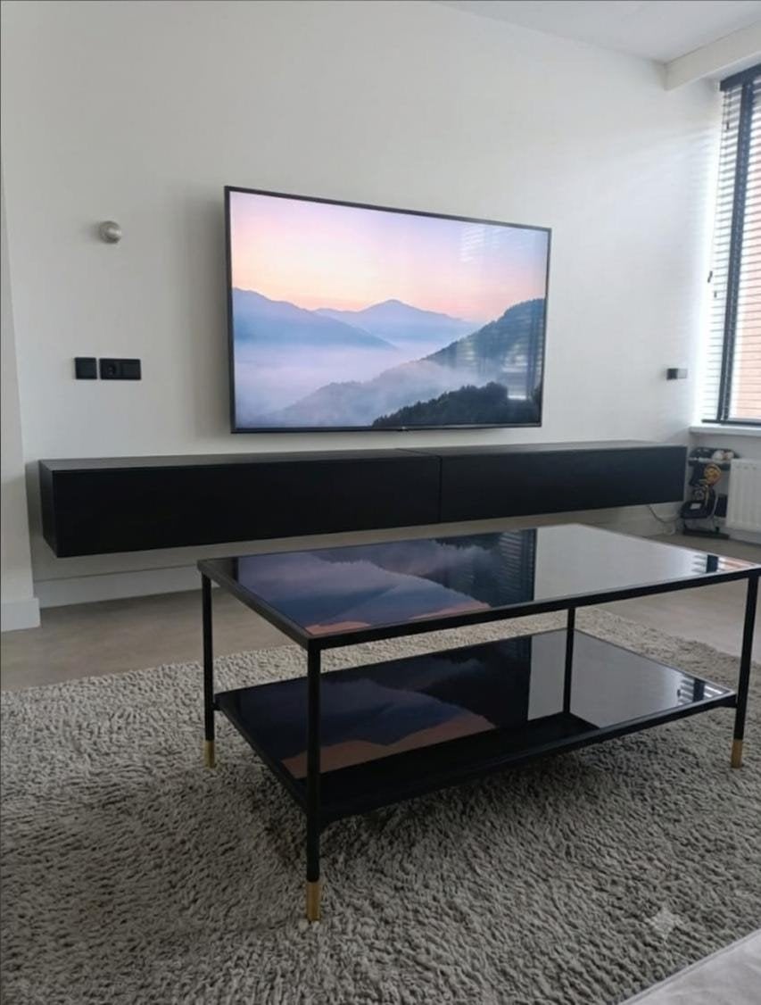 Äsperöd Salontafel 115x58cm, zwart glas en metaal, Huis en Inrichting, Tafels | Salontafels, Gebruikt, 100 tot 150 cm, Glas, Rechthoekig