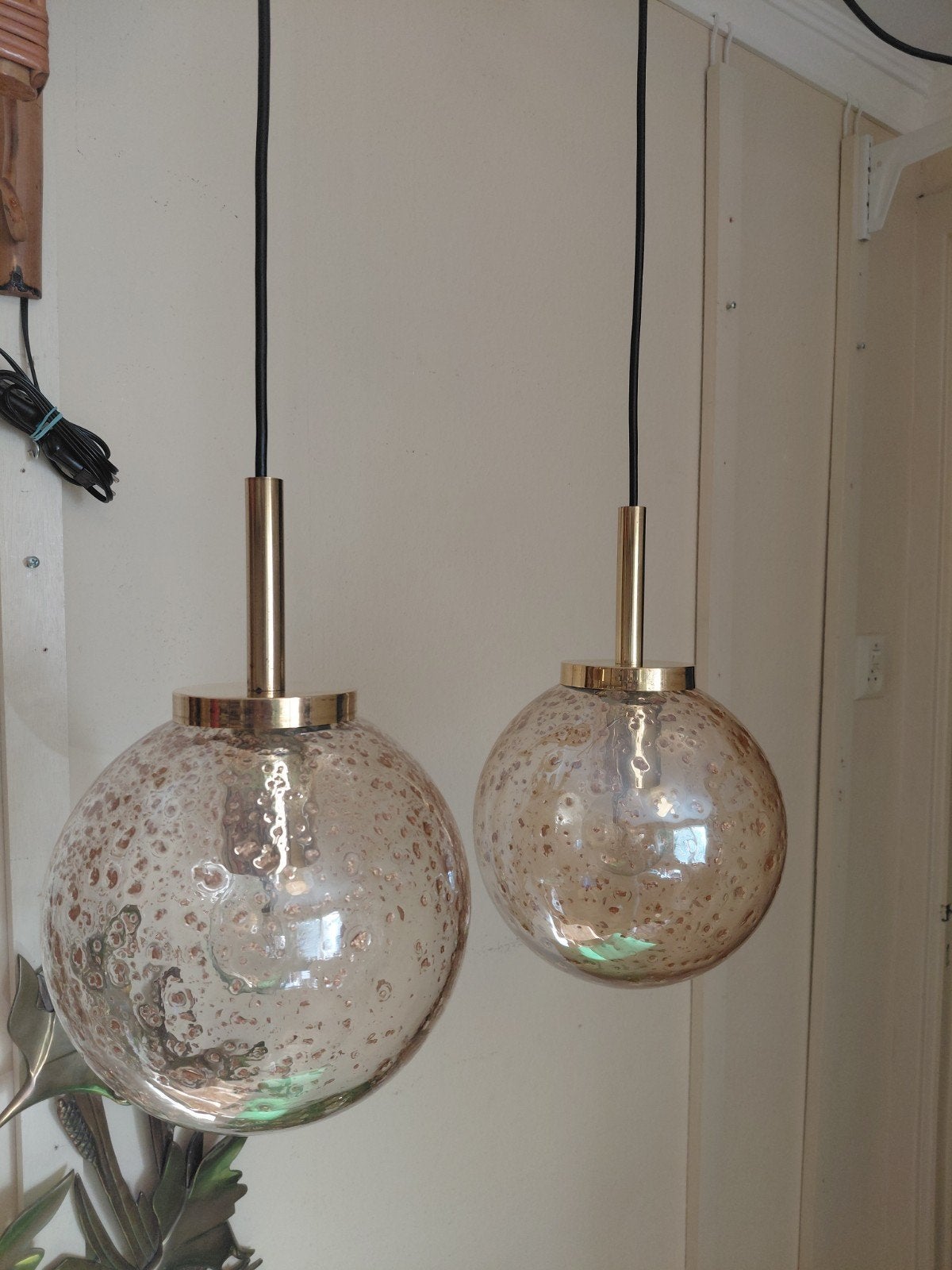 Glashütte jaren 70 lampen met goldflakes en messing, Vintage design, E27 (groot), Ophalen of Verzenden, Glas