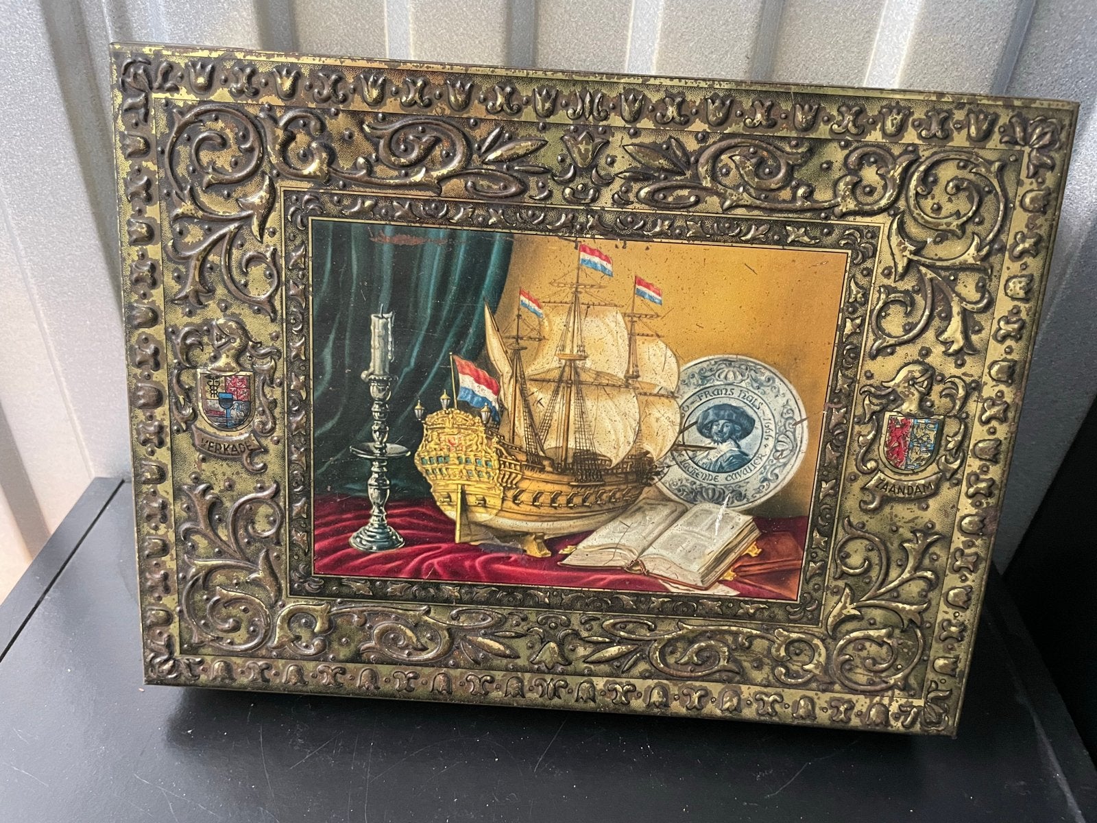 Antieke blikken doos met scheepsmotief, Verzamelen, Ophalen of Verzenden, Gebruikt, Overige, Overige merken