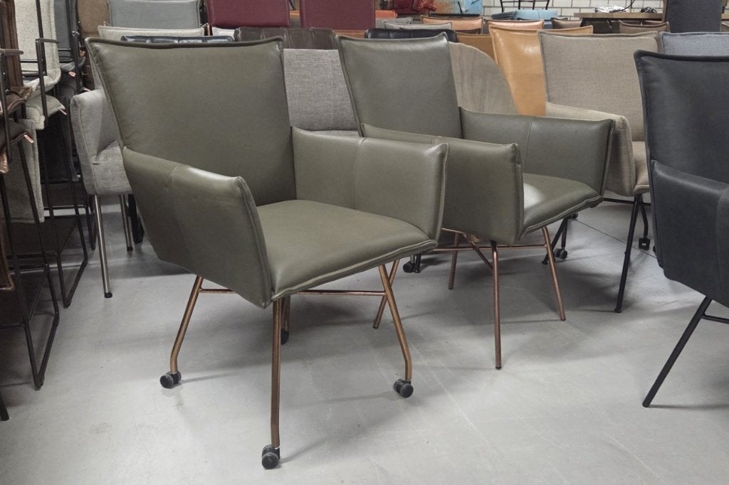 3 luxe eetkamerstoel Sanne Jess Design leer olijfgroen koper, Ophalen, Overige kleuren, Drie, Zo goed als nieuw