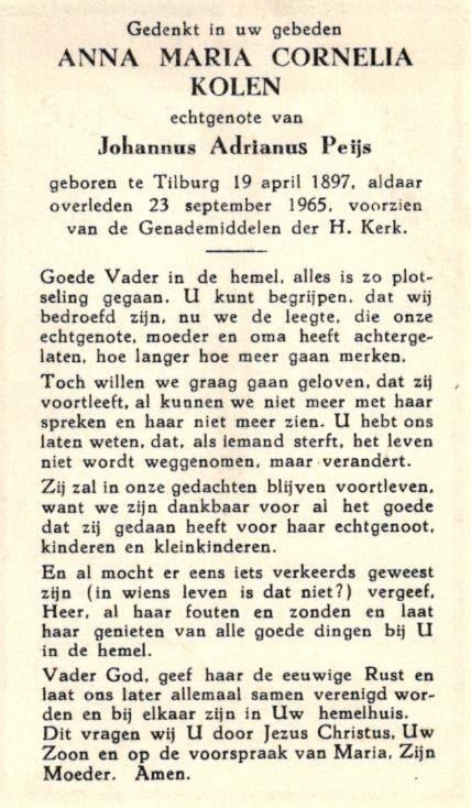 Kolen Anna Maria Cornelia 1897-1965 Tilburg, Ophalen of Verzenden