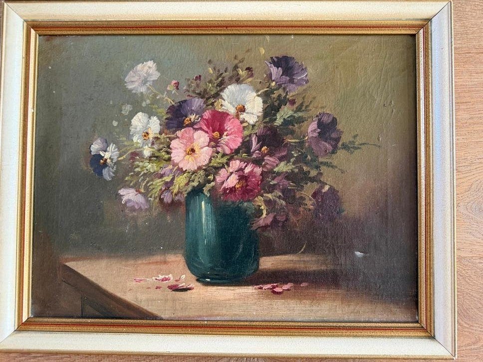 Antiek bloemstilleven (olieverf op doek), Antiek en Kunst, Bloemen, Doek, Ophalen of Verzenden, Olieverf