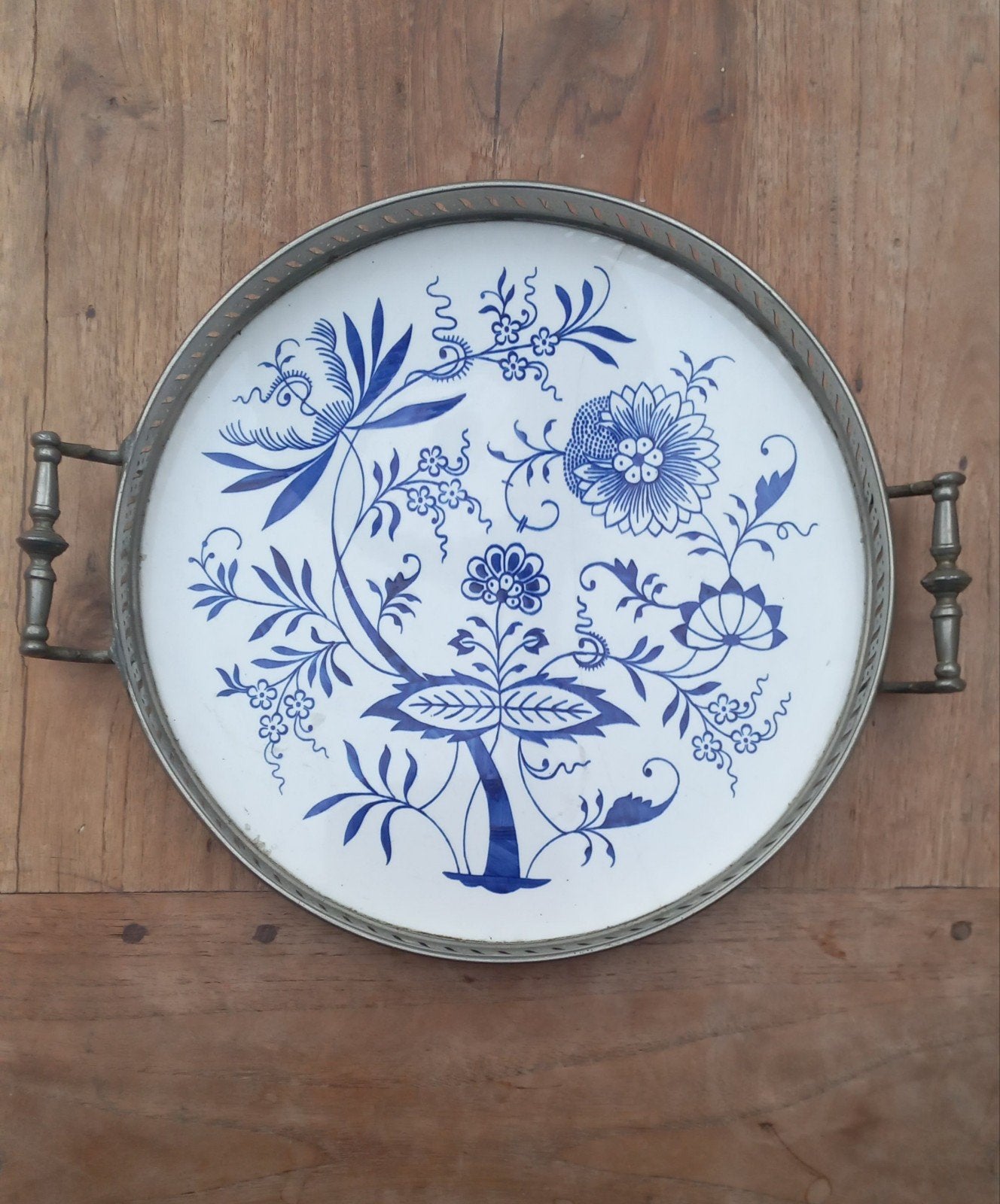 Fraai dienblad. Antiek. Blauw-wit, Ophalen of Verzenden, Rond, Metaal