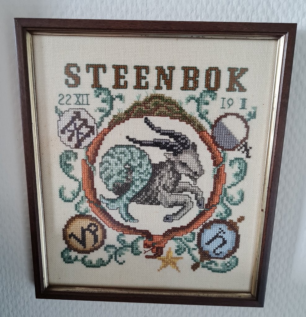 Mooi ingelijst borduurwerkje - steenbok, Antiek en Kunst, Ophalen of Verzenden
