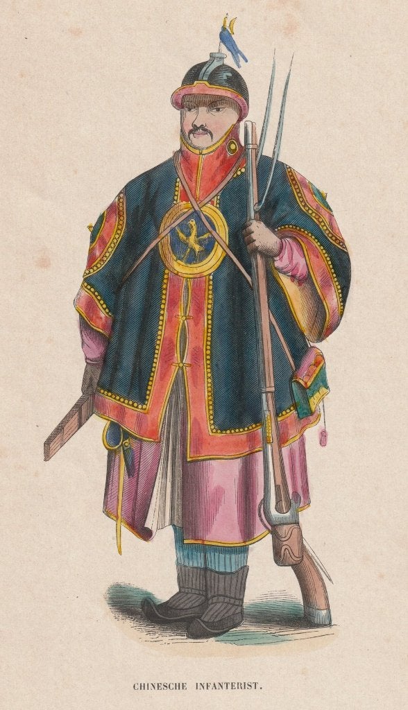 Chineesche Infanterist oude handgekleurde prent uit 1855, Verzamelen, Gebruikt, Verzenden, Voor 1940, Prent