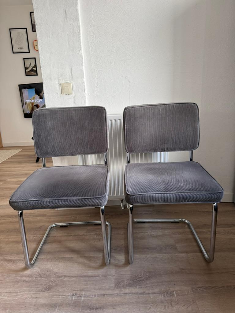 2x eetkamerstoel - buisframe - grijs (2 voor 85), Ophalen, Gebruikt, Grijs, Twee