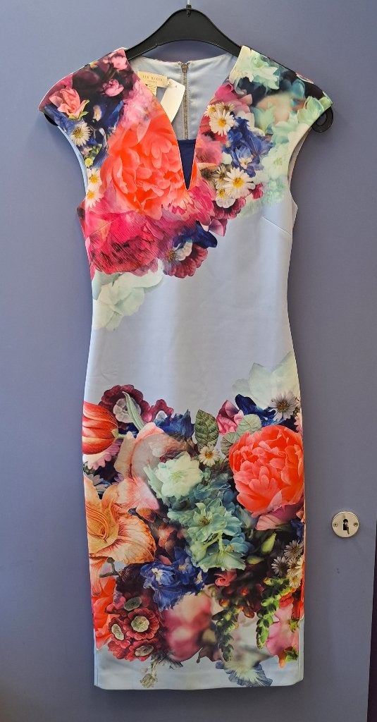 Ted Baker midi/maxi jurk licht blauw+ bloemen S (XS-S) 45568, Blauw, ., Ted Baker, Ophalen of Verzenden