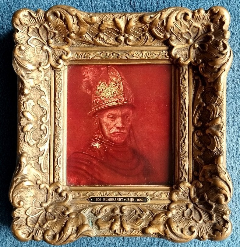 Rembrandt van Rijn 1606-1669: DE MAN MET DE GOUDEN HELM, Antiek en Kunst, Paneel, Bijzondere lijst, Portret of Personen, Overige technieken