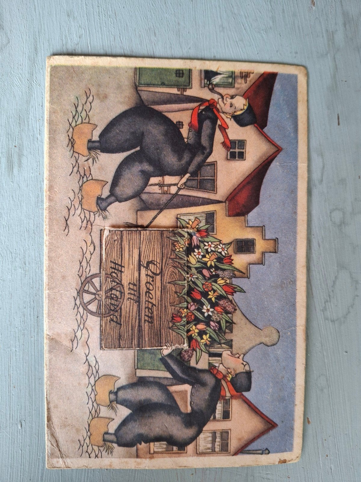 Oude ansichtkaart met Hollandse figuren en bloemen, Ophalen of Verzenden, 1940 tot 1960, Noord-Holland