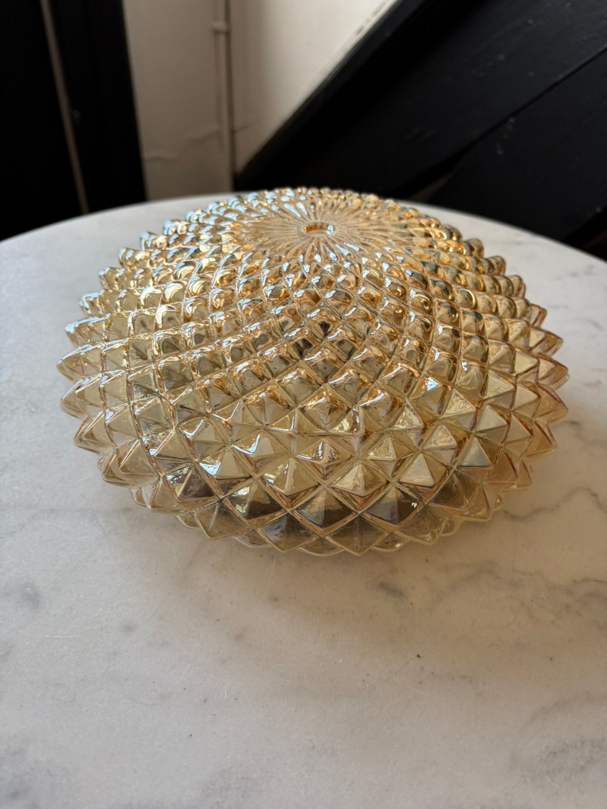 Vintage ronde plafoniere diamant driehoek bloem glazen lamp, Ophalen of Verzenden, Zo goed als nieuw, Glas