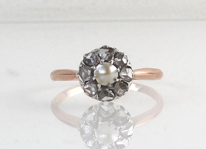 Antieke gouden ring met roosdiamant en parel, Ophalen of Verzenden, Goud, Ring, Met edelsteen