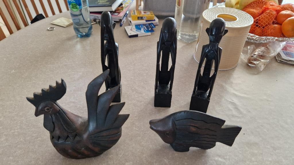 houten afrikaanse decoratie vis-haan- horen zien zwijgen, Antiek en Kunst, Ophalen of Verzenden