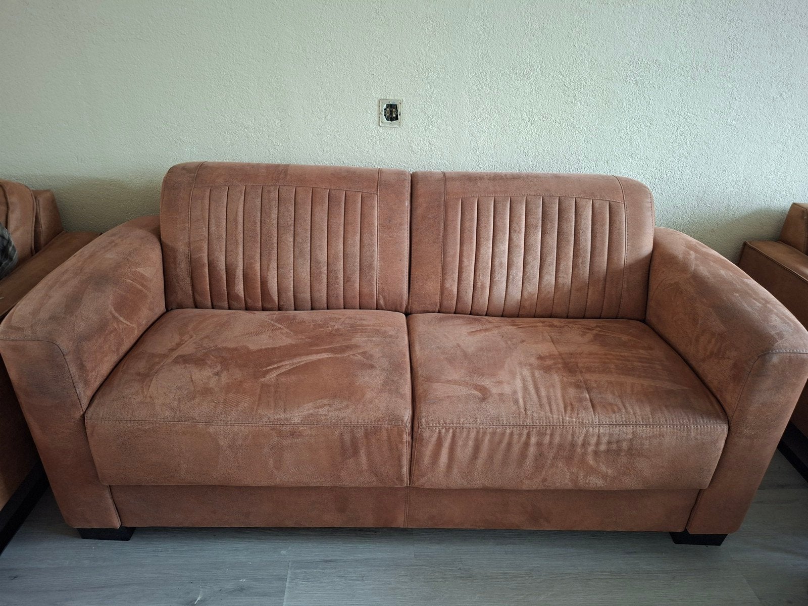 Cognac 2-zits en 3-zits bank met fauteuil, Huis en Inrichting, Banken | Bankstellen, Ophalen, Gebruikt, Rechte bank, Stof