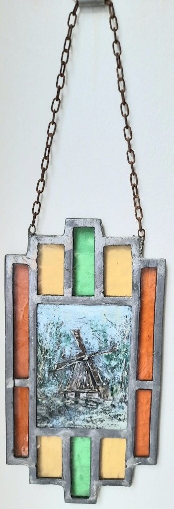 Antiek glas in lood raam hanger met molentje, Ophalen of Verzenden, Gebruikt, Glas