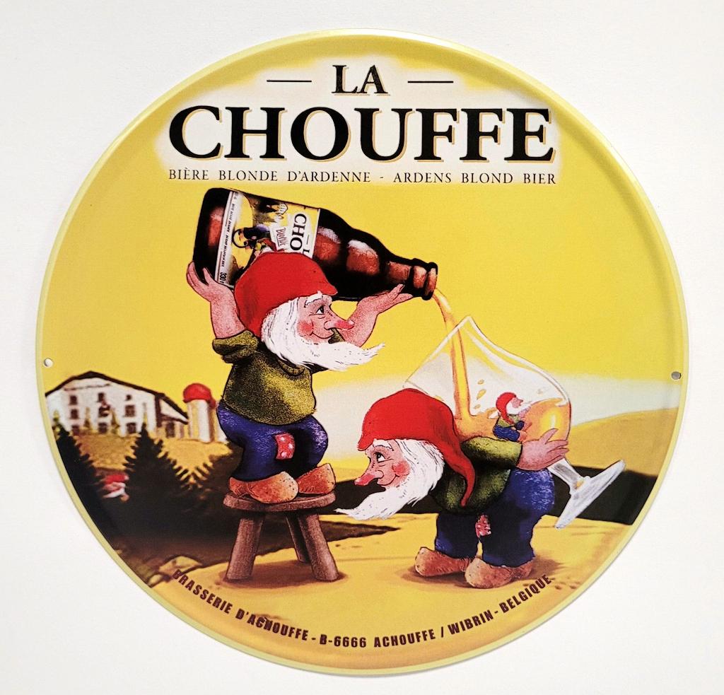 La Chouffe kabouters bier rond reclamebord van metaal deco, Ophalen of Verzenden, Nieuw, Reclamebord, Plaat of Schild, Overige merken