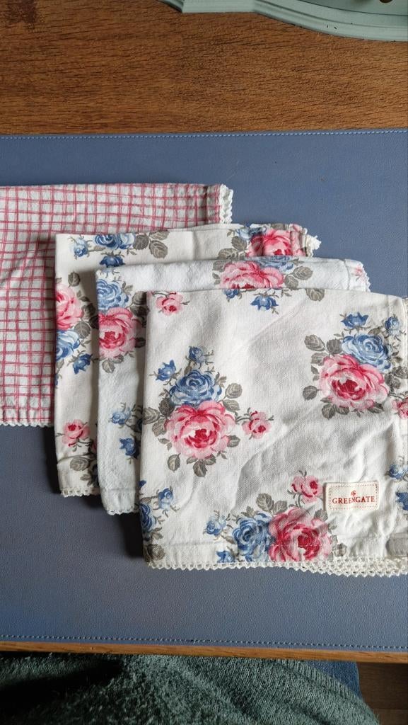 Greengate stoffen servetten: 3x bloemen, 1x blokken, Ophalen of Verzenden, Natuurlijk materiaal, Meerkleurig, Overige merken
