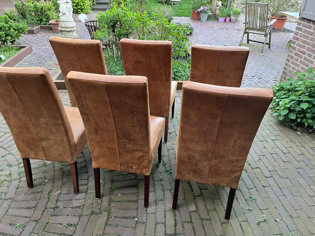 Eetkamerstoelen 6 stuks, Gebruikt, Bruin, Leer, Ophalen of Verzenden