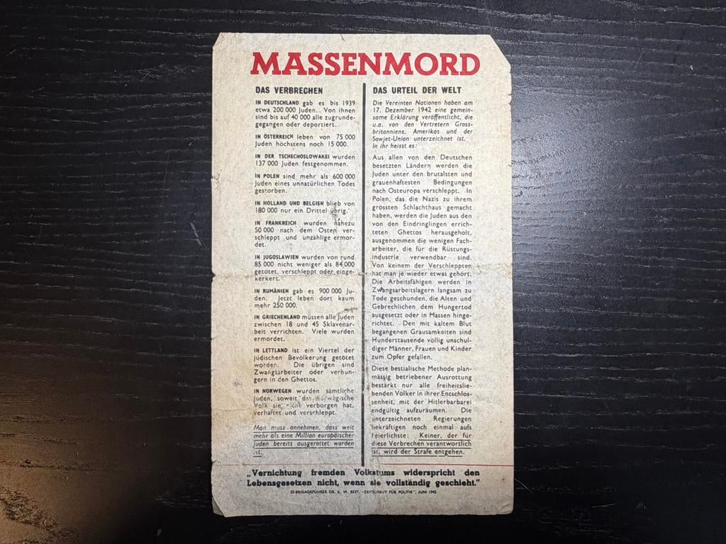 Duits pamflet “Massenmord” G 68, Verzamelen, Verzenden, Duitsland