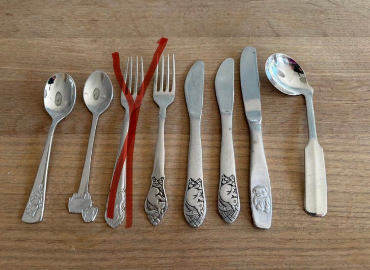 Schattig setje vintage kinderbestek 7 stuks, Ophalen of Verzenden