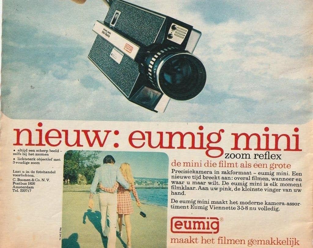 Retro reclame 1971 Eumig filmcamera nu eeuwig mini, Verzenden, Overige typen