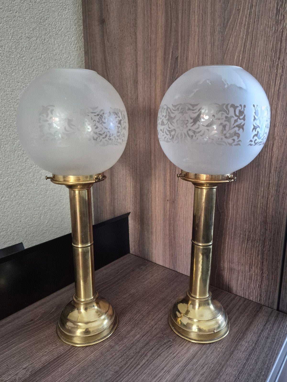 Set van 2 antieke messing tafellampen met glazen kap, Ophalen of Verzenden