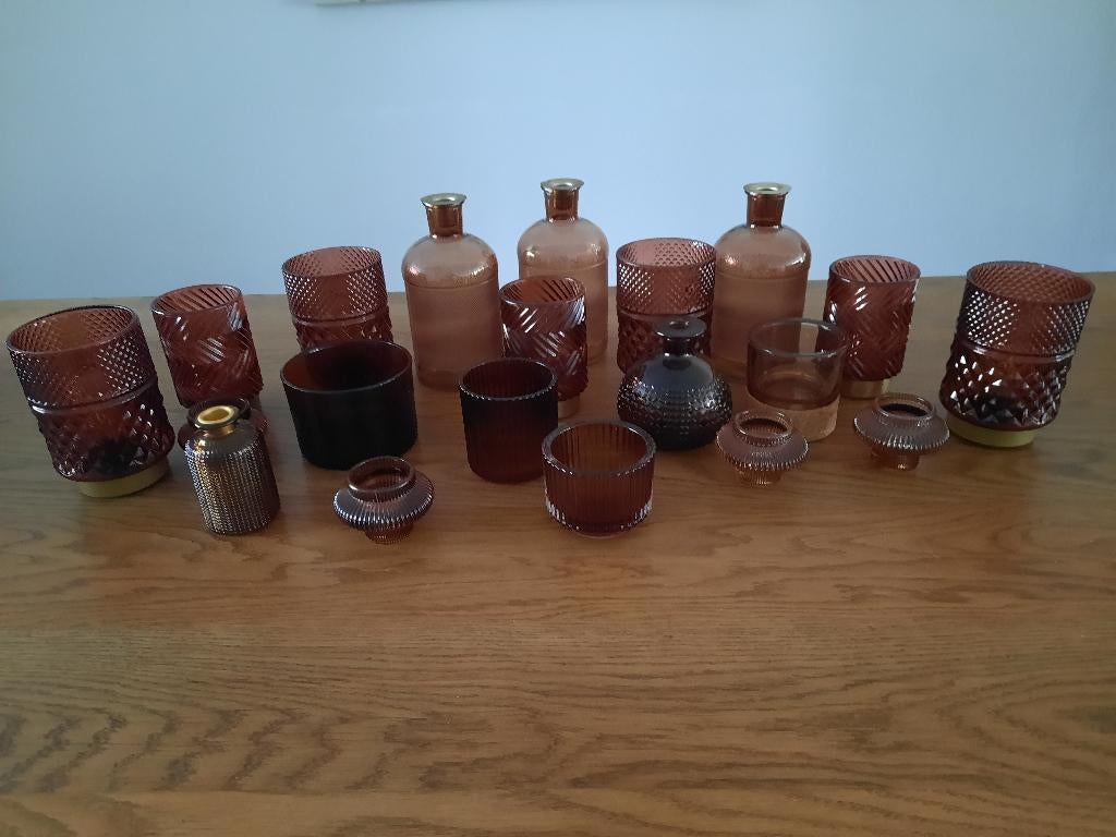 Decoratie bruin glaswerk tafellampjes waxinebranders enz, Ophalen of Verzenden, Nieuw, Bruin, Glas