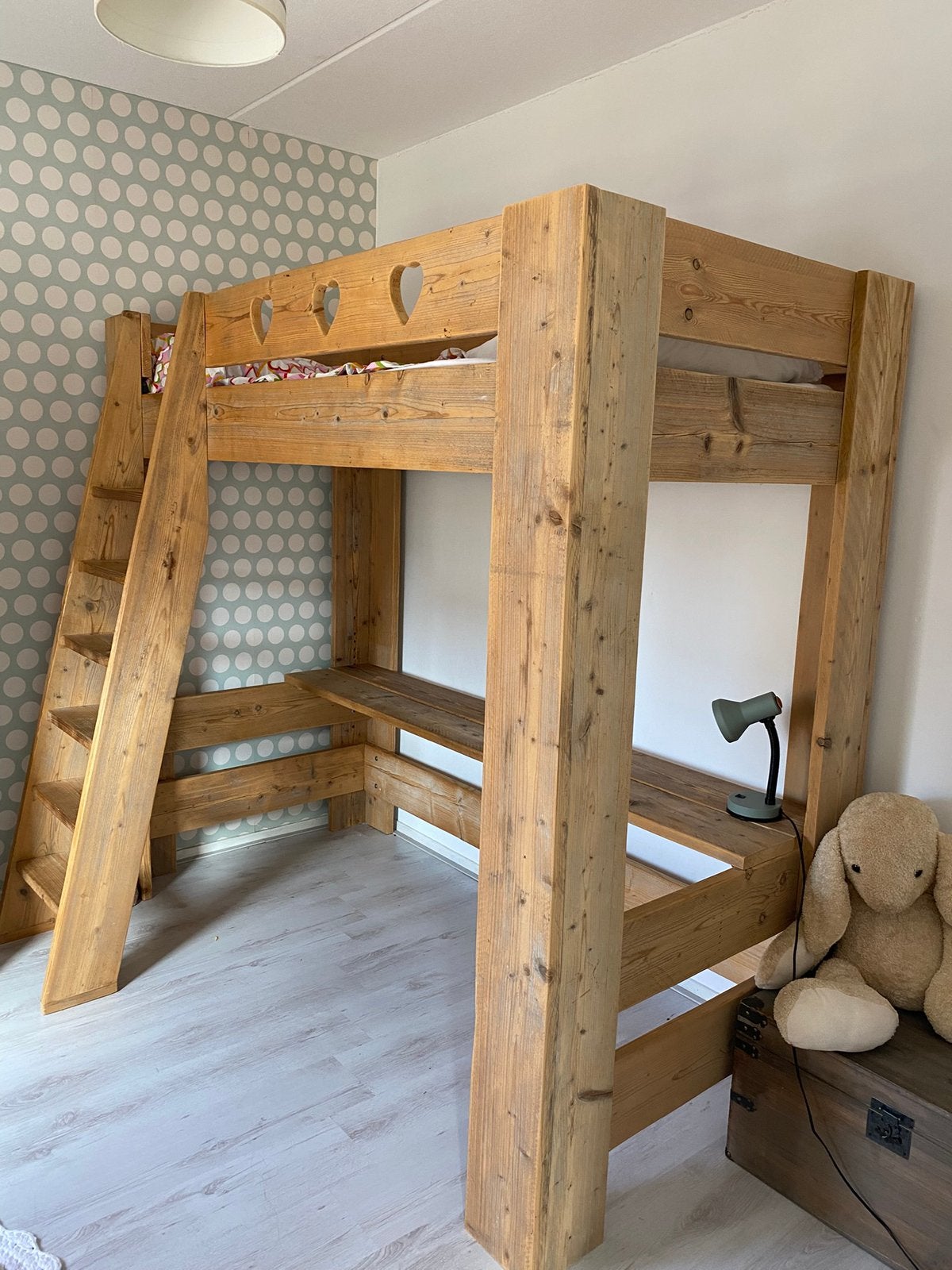 Prachtige steigerhouten hoogslaper + bureau, Ophalen, Zo goed als nieuw, Stapelbed