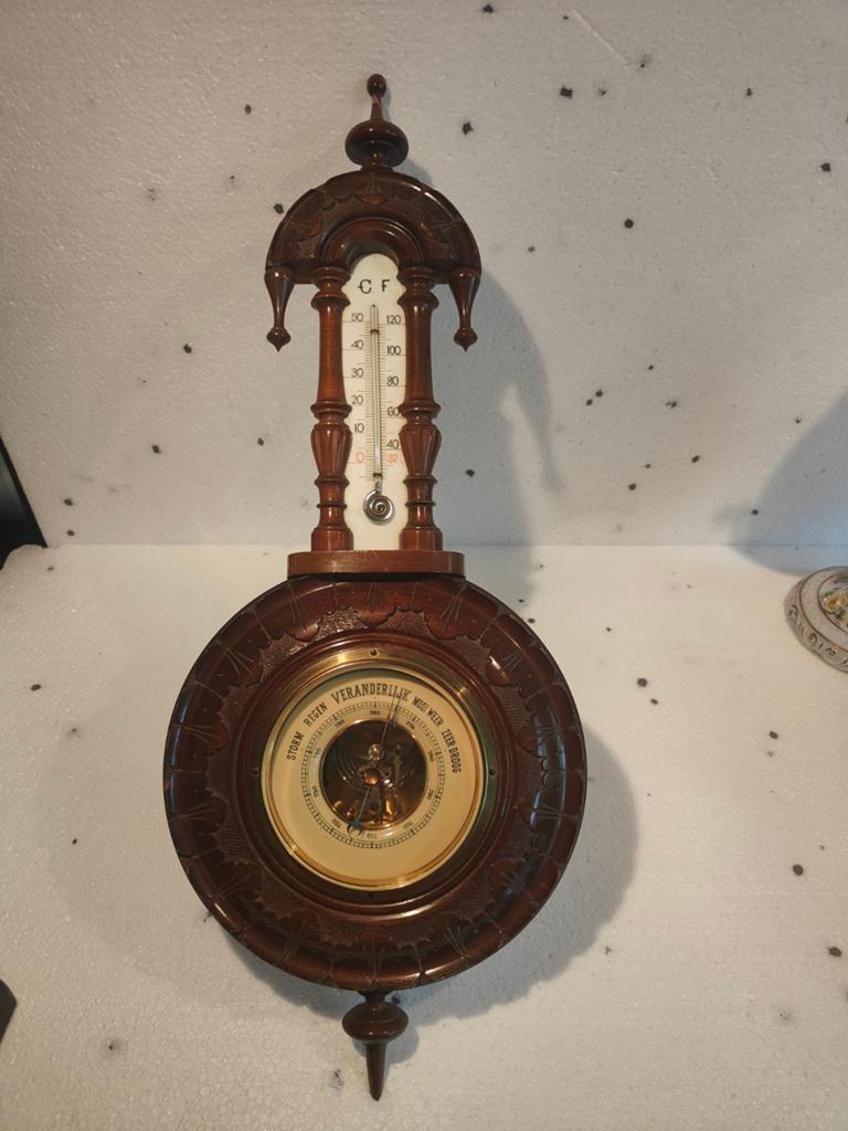 Antieke Barometer en Thermometer - Houten Weerstation, Ophalen of Verzenden, Gebruikt, Weerstation