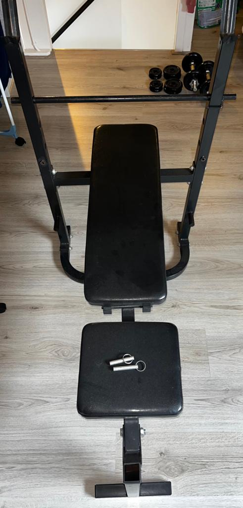 Fitnessbank met halterstang, curlstang en dumbbels, Ophalen, Gebruikt, Halterset