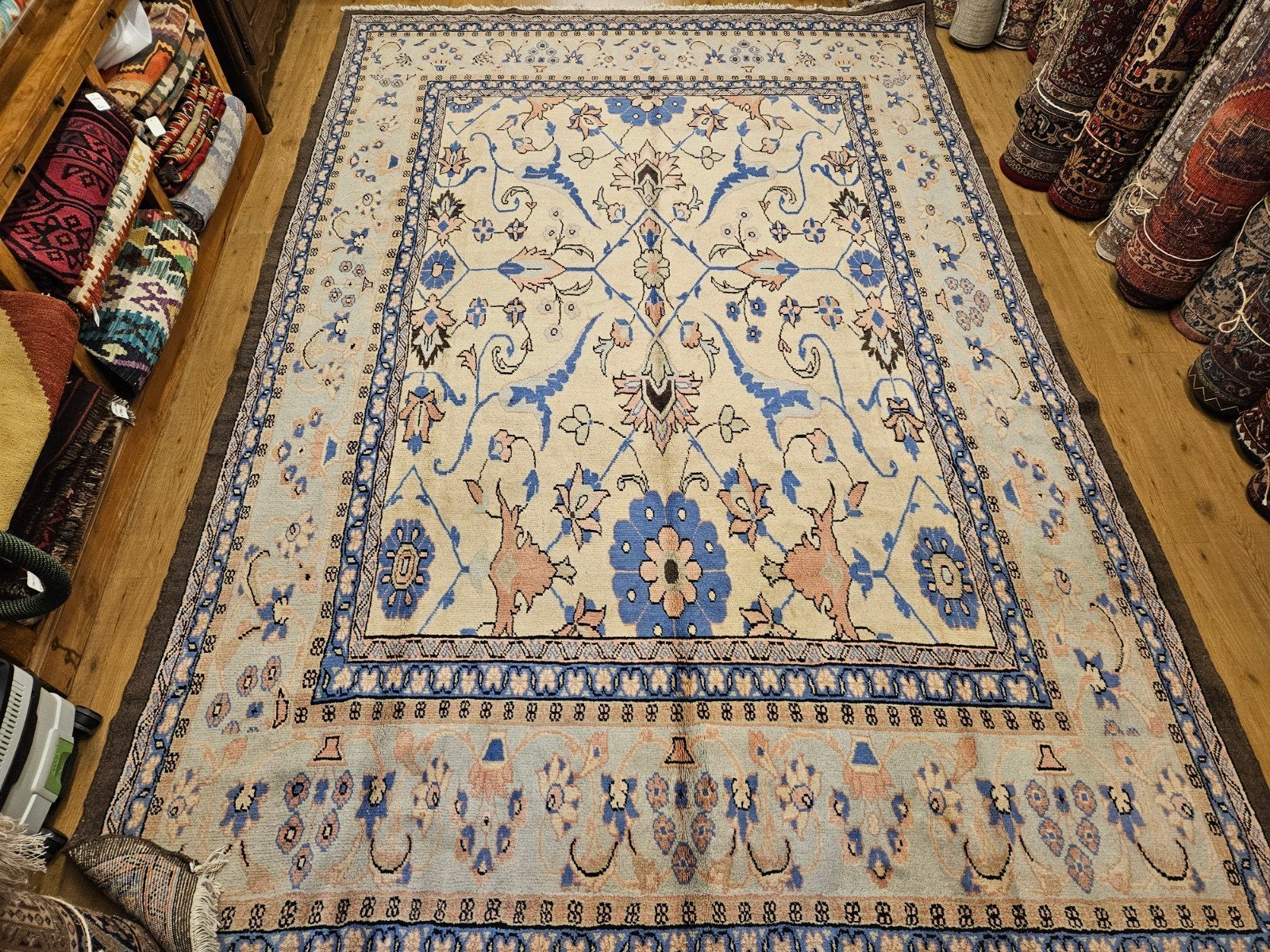 Vintage handgeknoopt perzisch tapijt sultanabad 396x261, Info@SlatsAntiek.nl, Tweedehands, Blauw, Perzisch