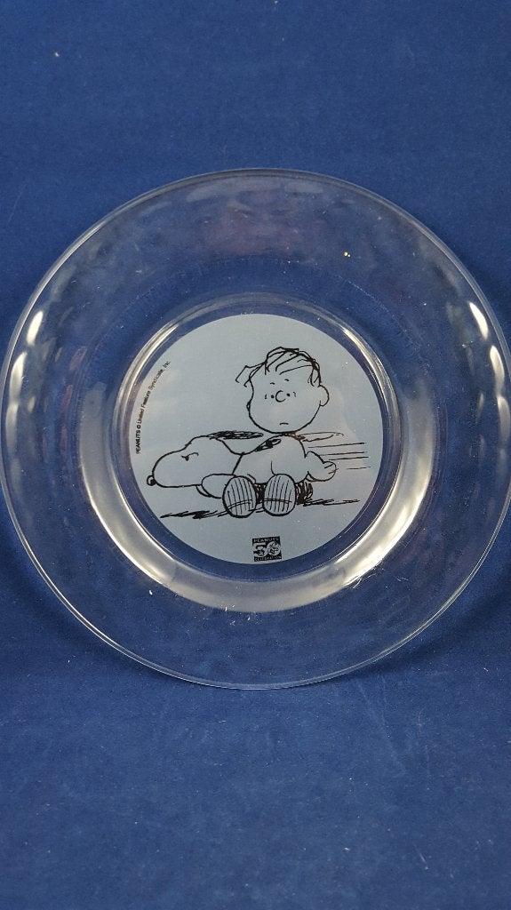 2 x glazen bordje Snoopy, Peanuts, 50 jaar jubileum. 5B2, Tweedehands verkoop, Tweedehands verkoop, Gebruikt, Beeldje of Figuurtje