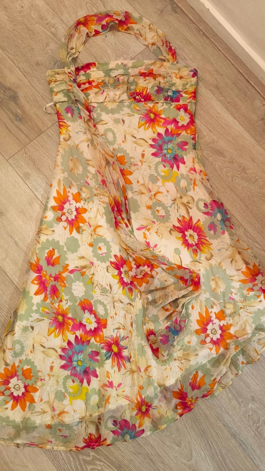 Unieke Vintage Halterjurk (22jr) – 100% Zijde Handgemaakt, Maat 38/40 (M), Meerkleurig, Daphne Reed, Nieuw