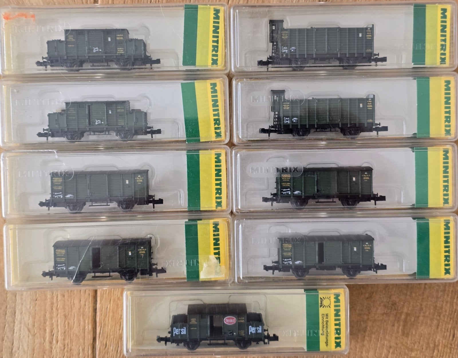Minitrix N-spoor Goederenwagons (9 stuks), Hobby en Vrije tijd, Modeltreinen | N-Spoor, Ophalen of Verzenden, Gelijkstroom, Wagon
