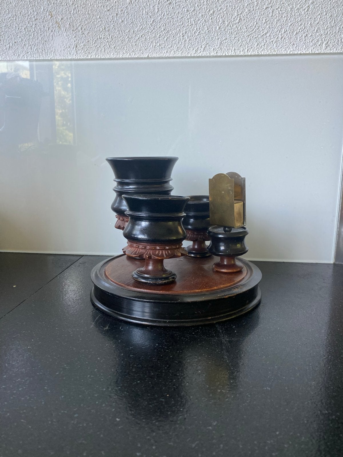Antieke houten bureau-organizer met inktpotten en kaarthoude, Ophalen of Verzenden