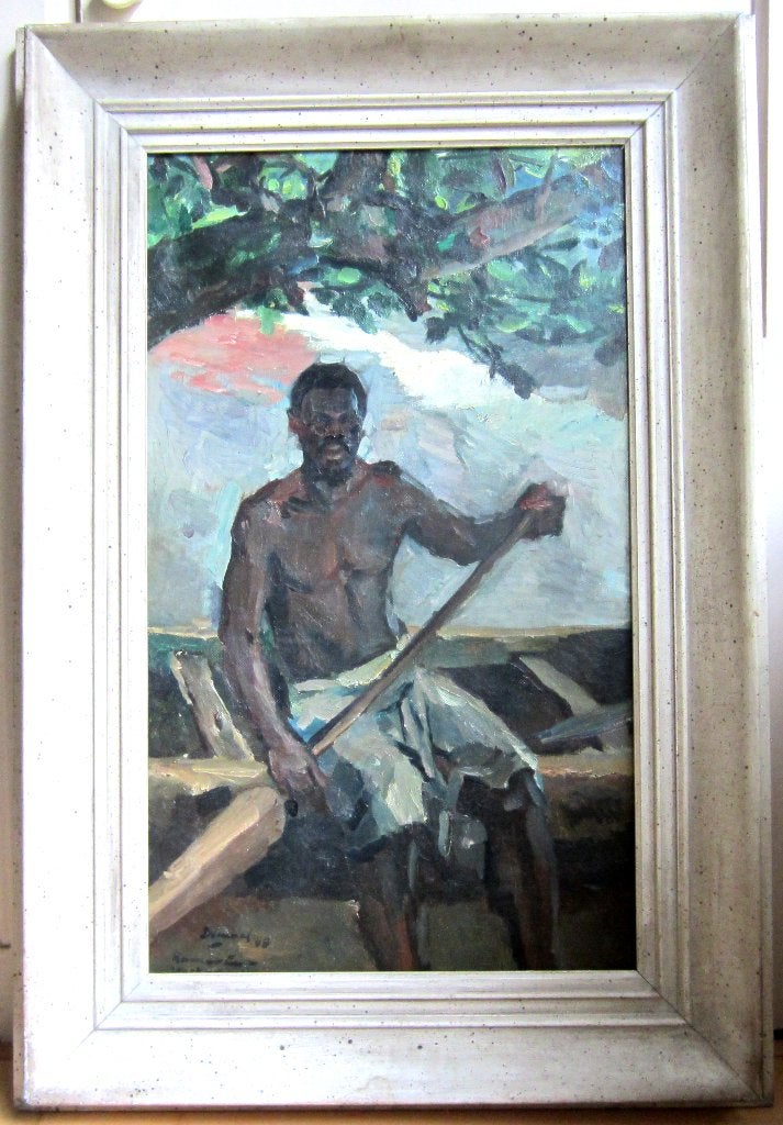 gesigneerd===== man in bootje ==AFRIKANIST==, Antiek en Kunst, Ophalen