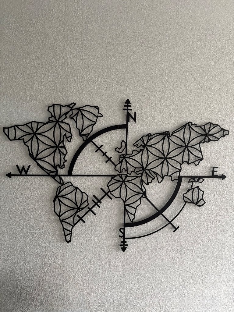 Metalen wereldkaart wanddecoratie, Metaal, Industrieel, Wandhanger, Zwart