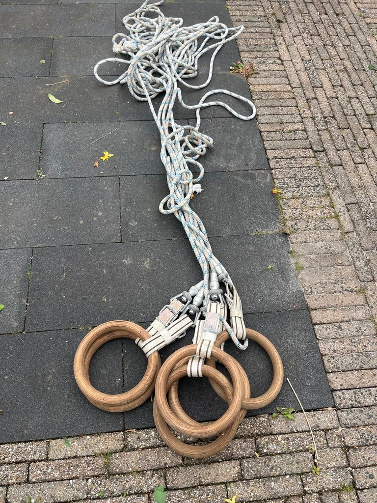 Houten turnringen met touwen - Complete set, Sport en Fitness, Turnen, Gebruikt, Bruin, Materiaal, Groter dan maat 42
