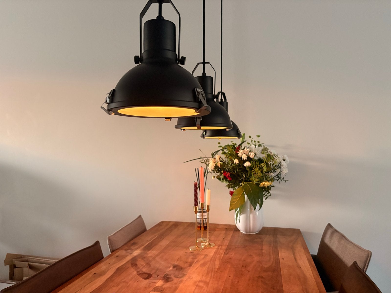 Zwarte industriële hanglampen (3 stuks) voor eettafel, Ophalen, Zo goed als nieuw, Metaal, E27 (groot)