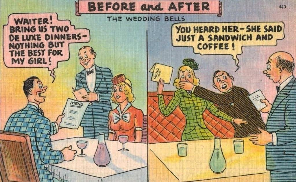Vintage Ansichtkaart: Voor en Na de Bruiloft, Ophalen of Verzenden, 1940 tot 1960, Ongelopen, Overige thema's