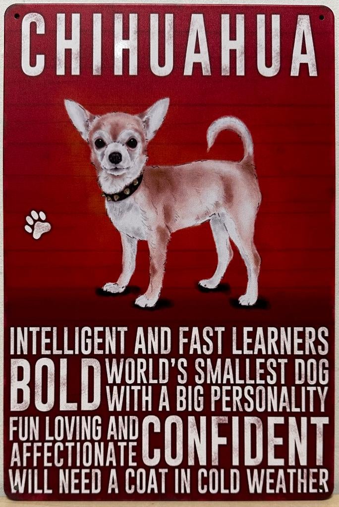 Chihuahua hond eigenschappen reclamebord van metaal deco, Dieren en Toebehoren, Honden-accessoires, Nieuw, Ophalen of Verzenden