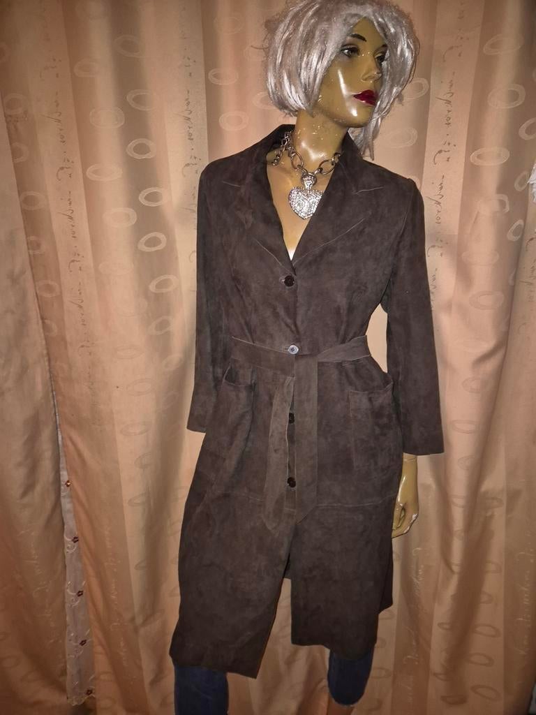 Massimo Dutti Bruine suède leer lange jas met ceintuur mt XL, Kleding | Dames, Jassen | Zomer, Zo goed als nieuw, Maat 46/48 (XL) of groter
