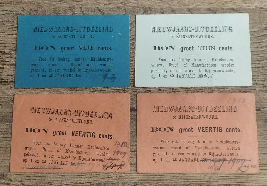 4 Nieuwjaars-uitdeelingen van Rijnzaterwoude (1890-1900), Ophalen of Verzenden, 10 gulden, Setje