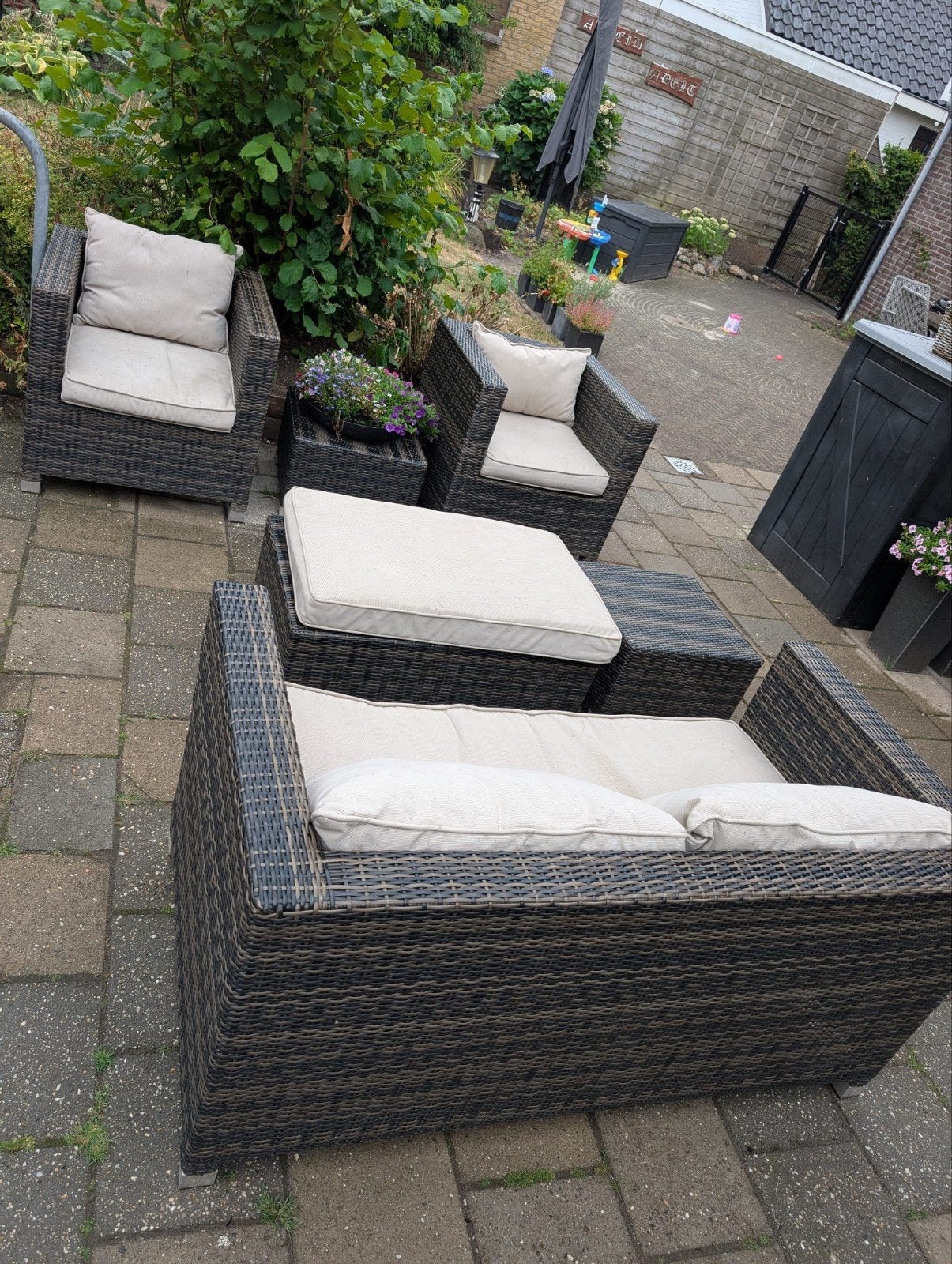 Wicker loungeset – bank, 2 fauteuils, hocker en bijzettafelt, Ophalen, 4 zitplaatsen, Gebruikt, Bank