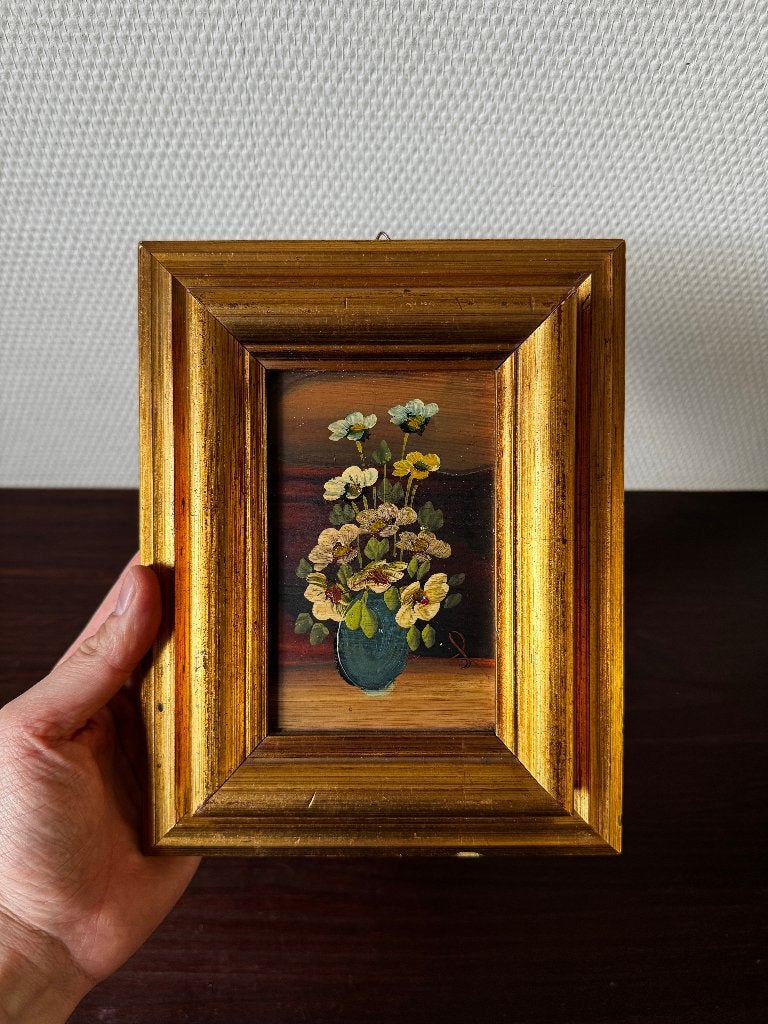 Vintage Bloemen Paneel Schilderij met Dikke Gouden Lijst, Ophalen of Verzenden, Olieverf, Stilleven, Paneel