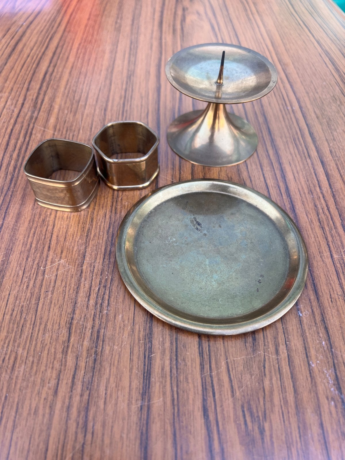 Vintage Messing Deco Set: Schaal, Servetringen, Kandelaar, Ophalen of Verzenden, Koper of Brons